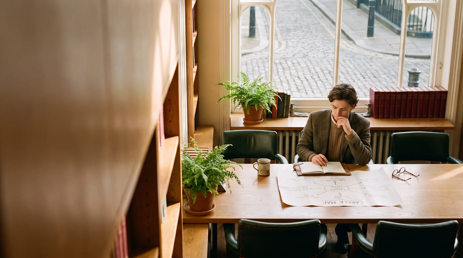 Professional considering notes at a library table
