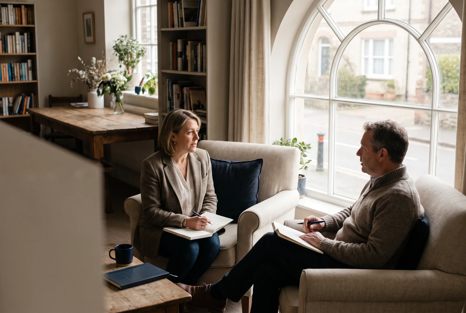 Two people in a reflective mentoring conversation