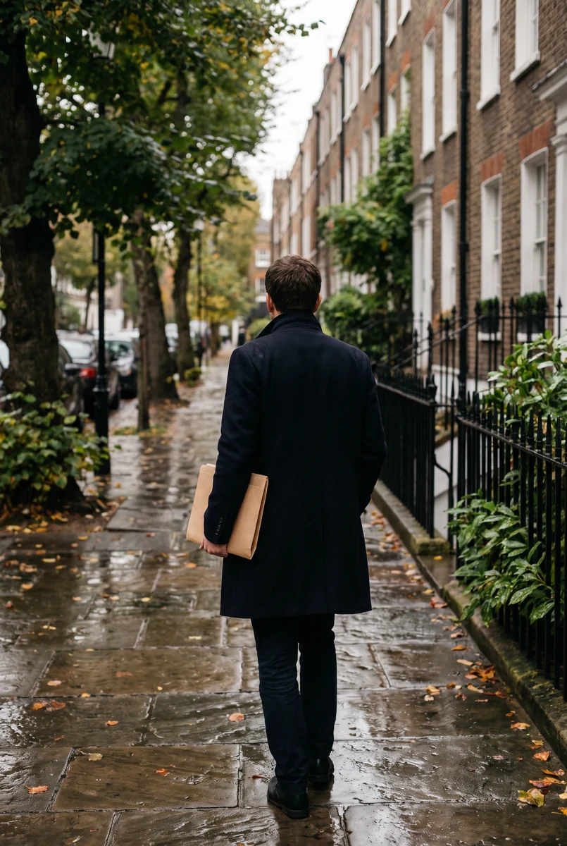 Professional walking along a rainy British terrace