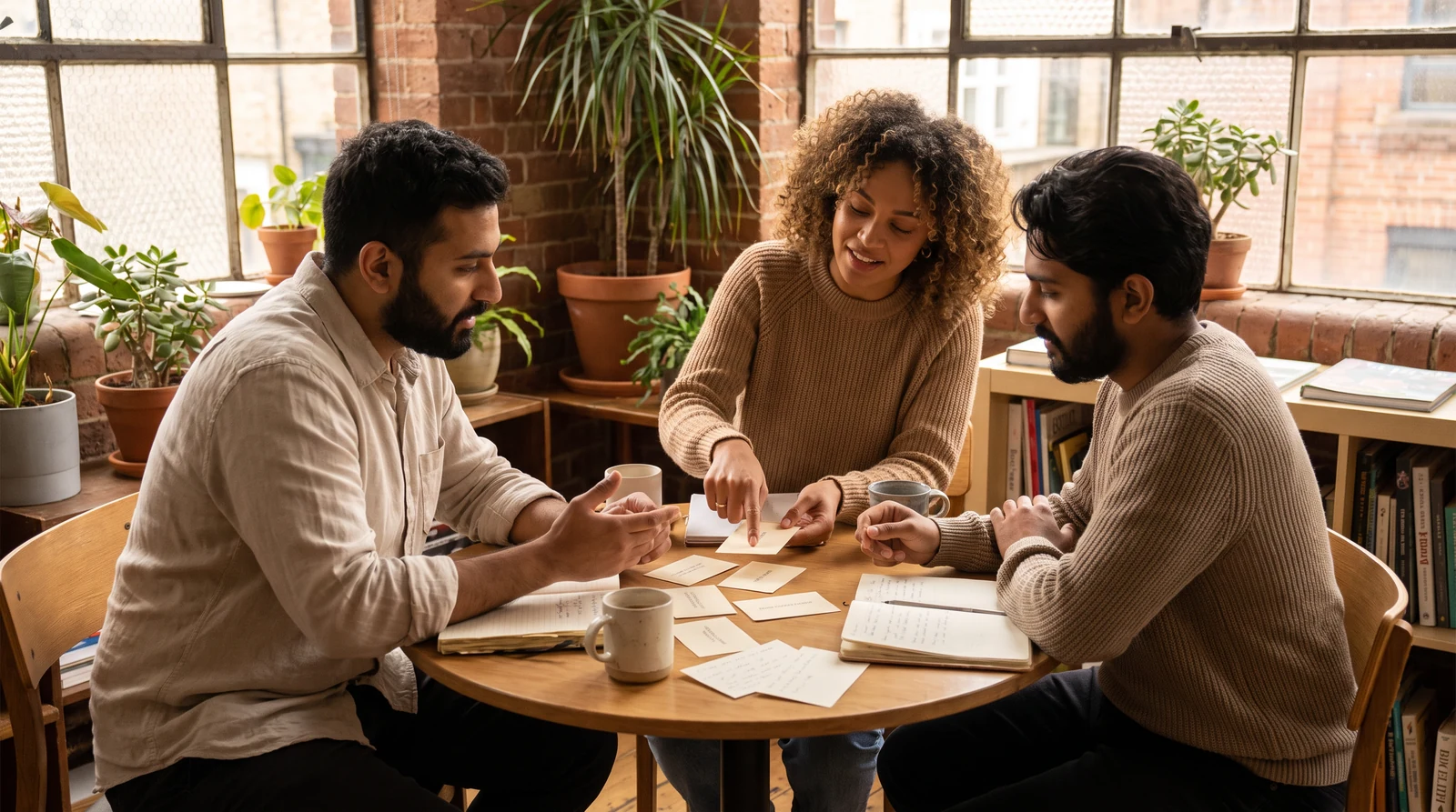 Three people discussing career prompts around a table