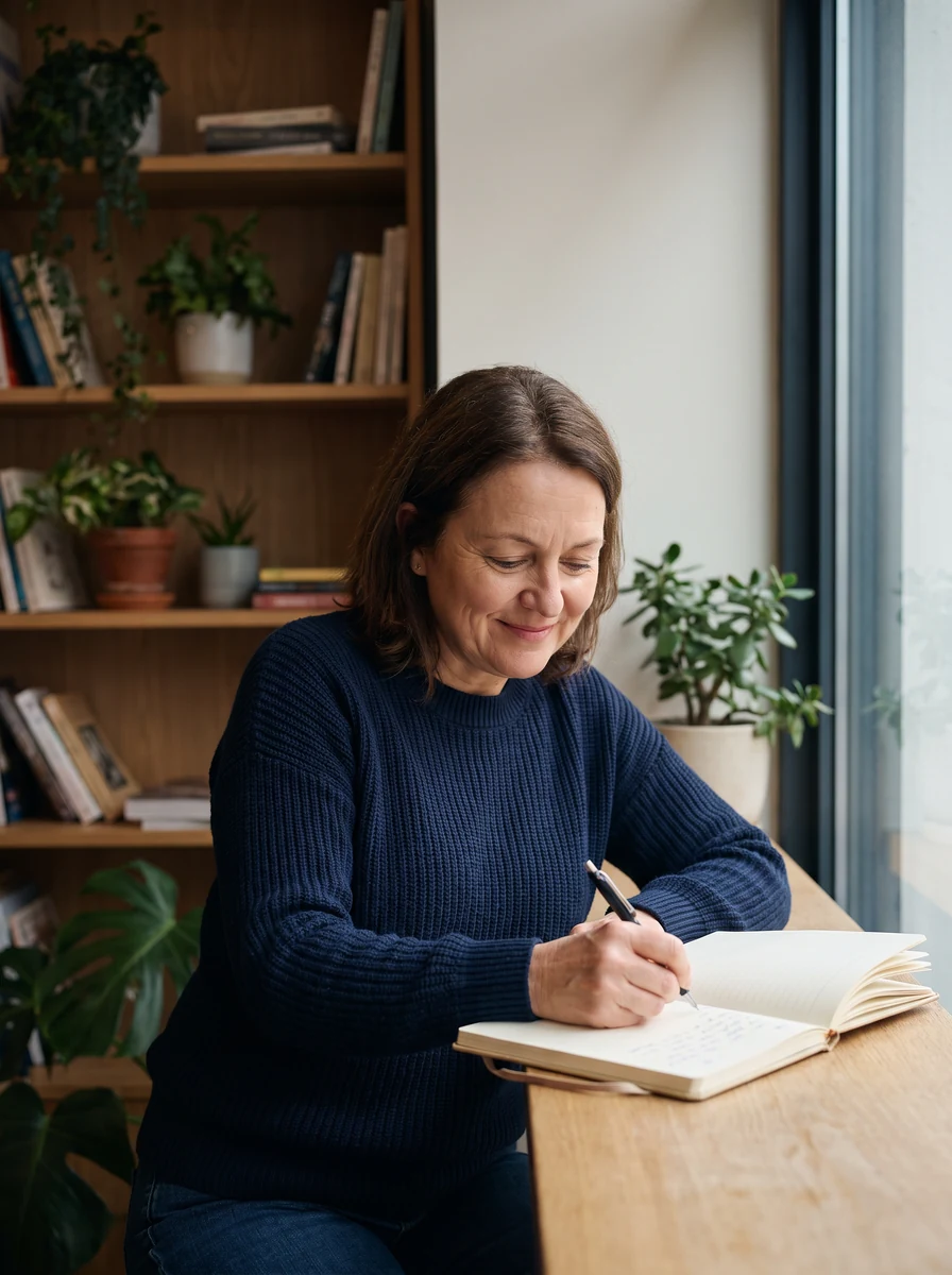 Career mentor writing notes at a window table