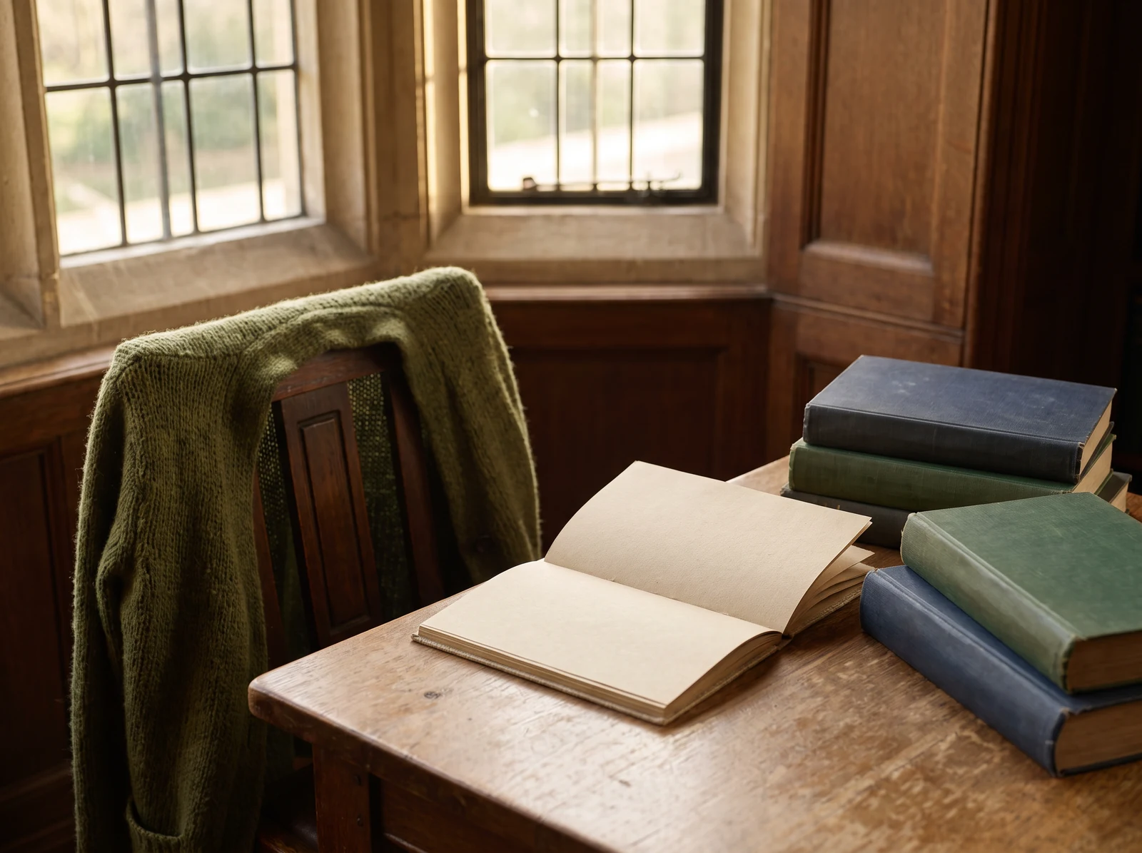 Quiet library desk ready for reflective work