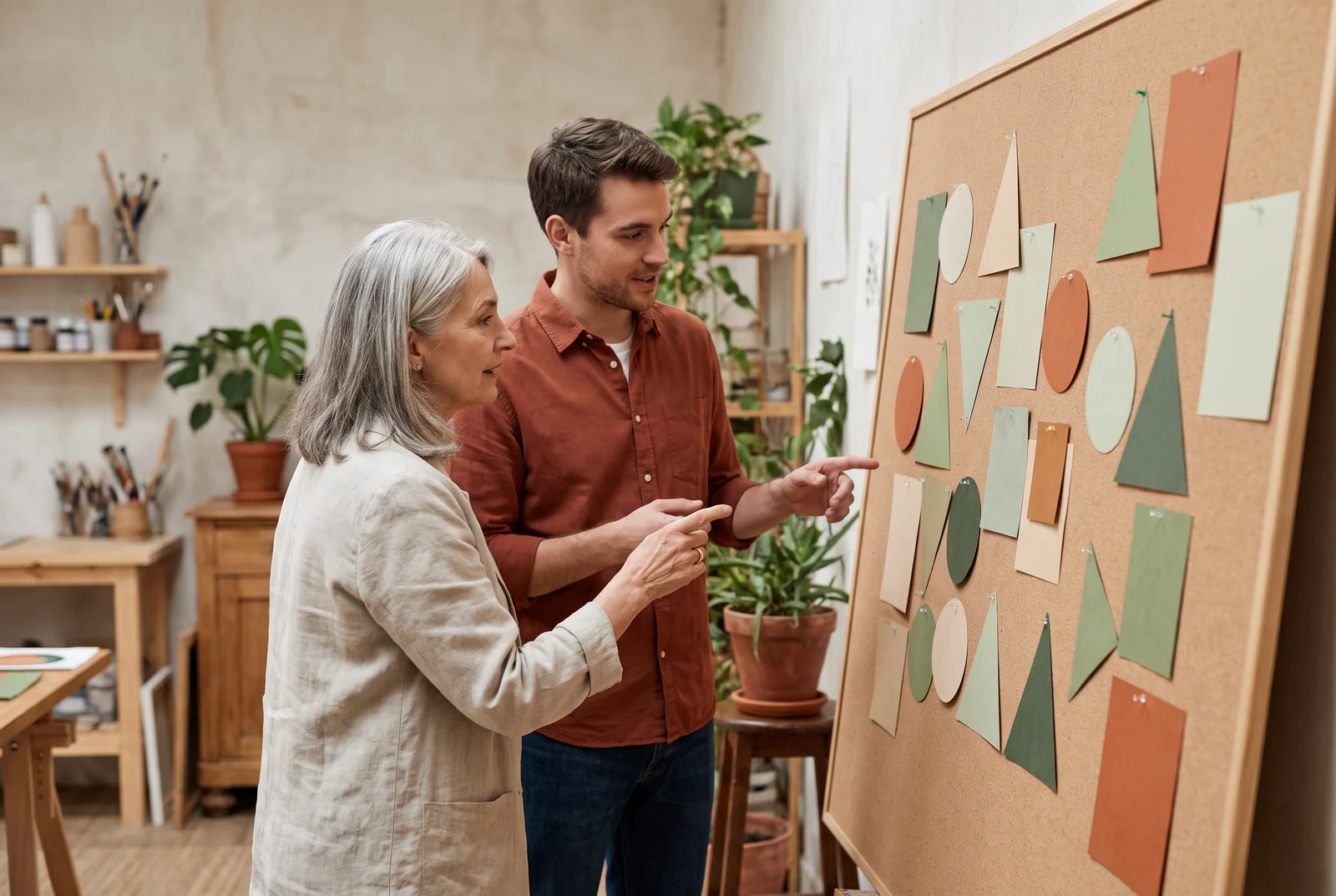Two people discussing options at a prompt board