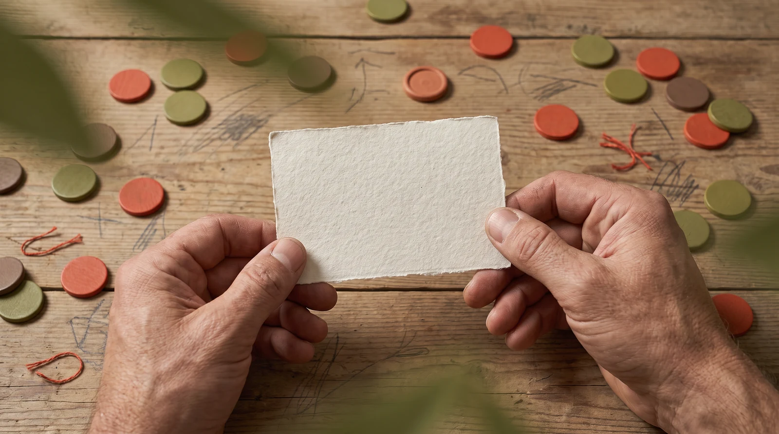 Hands holding a blank prompt card over a table